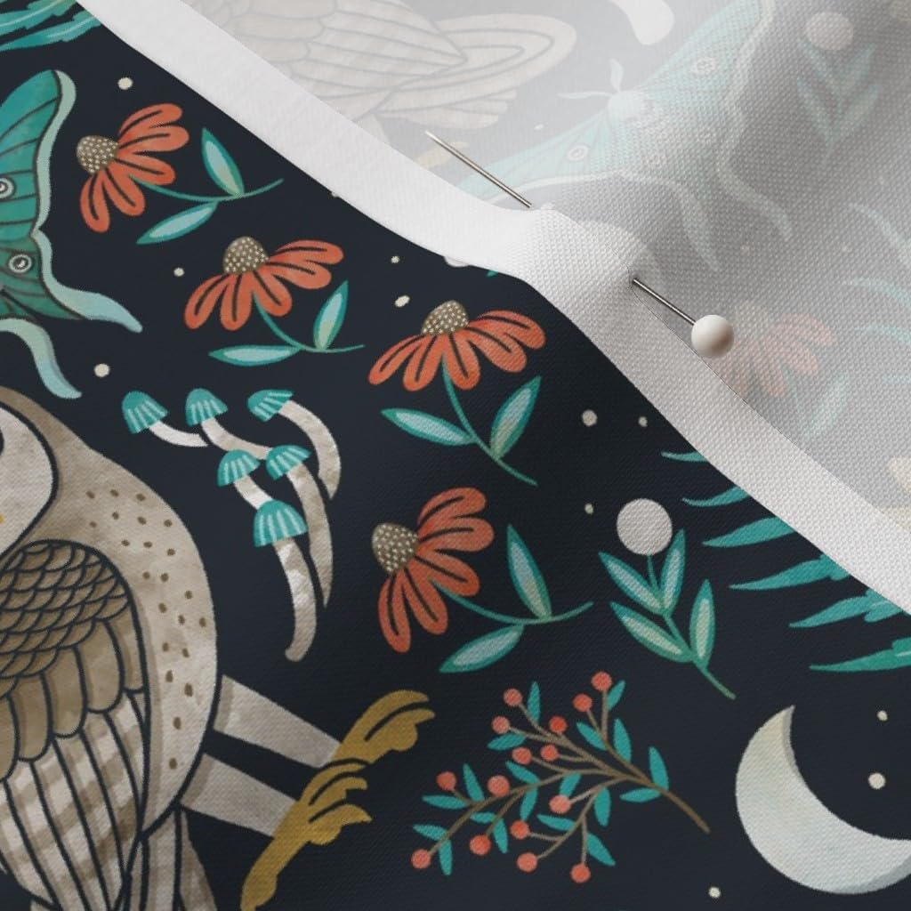 Spoonflower Fabric - Woodland Forest Owls Dark Blue Green Brown Wildlife Fern Botanical Printed on Petal Cotton Fabric Fat Quarter - Sewing Quilting Apparel Crafts Decor