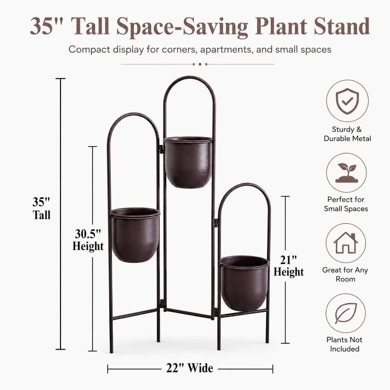 TRIROCKS 3 Tier Plant Stand with 3 Removable Metal Pots Indoor Outdoor Corner Plant Rack, 35" H Space Saving Flower Pot Holder for Living Room, Balcony, Patio & Garden(Brown) image 2