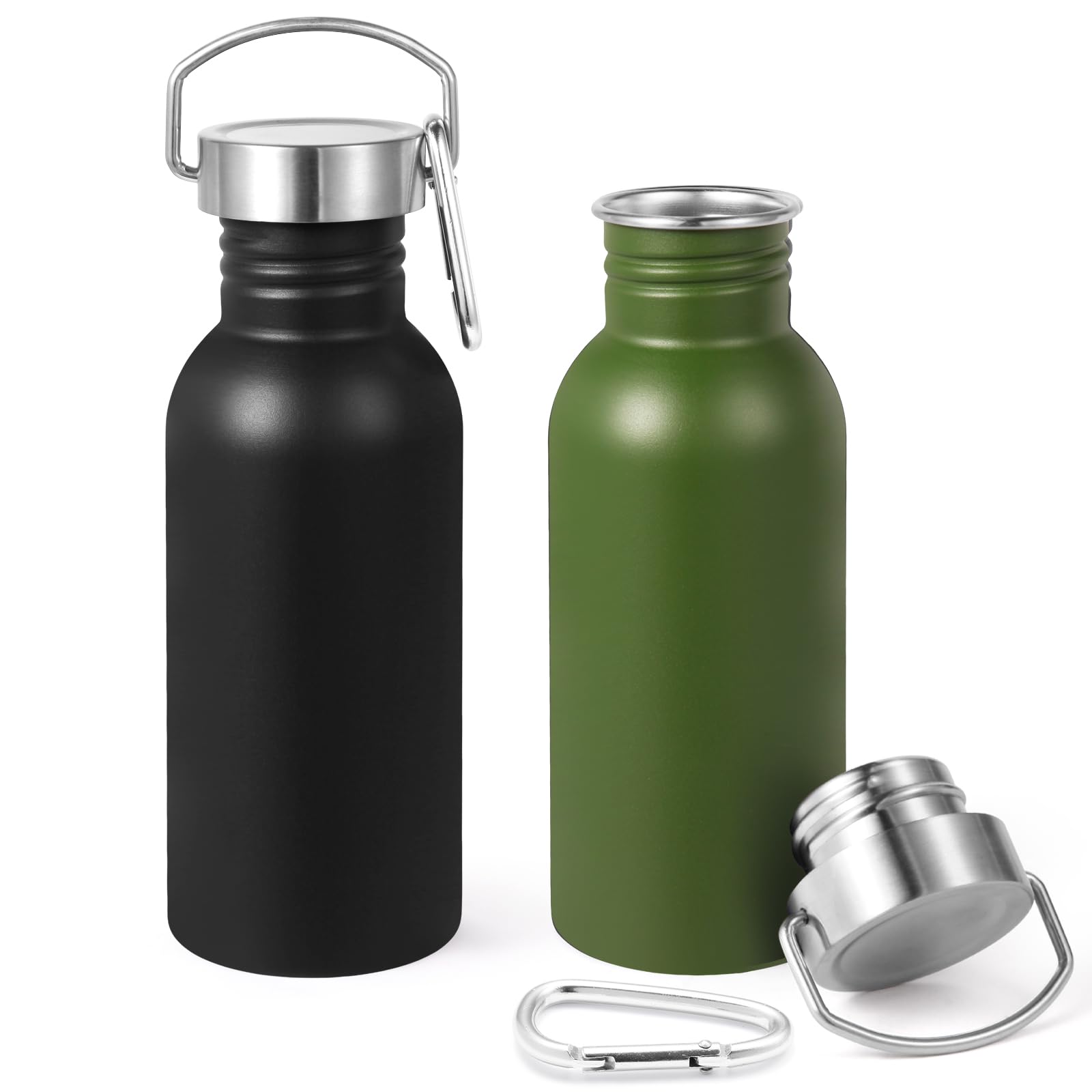 Volhoply 600ml Uninsulated Single Walled Water Bottles 2 Pack, Stainless Steel Reusable Water Bottle with Handle & Carabiner, BPA Free 18/8 304 Sports Water Bottles for Camping Hiking（Assort Color,2）