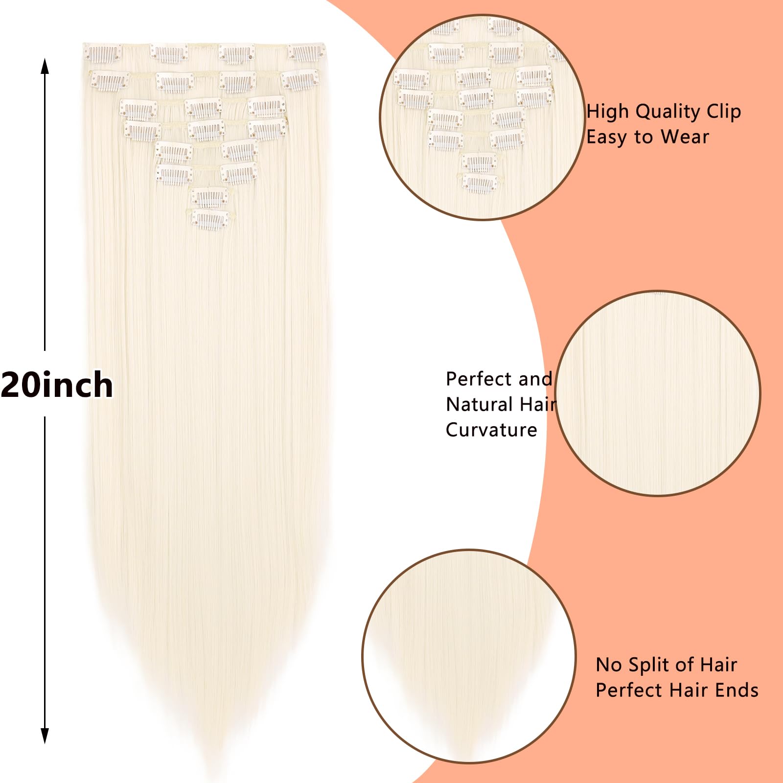 Mscat 20 Inch Clip in Hair Extensions 8Pieces/Set Platinum Blonde Straight Hair pieces hair extensions Natural Soft Synthetic Hairpieces for Women(60#) - Image 3
