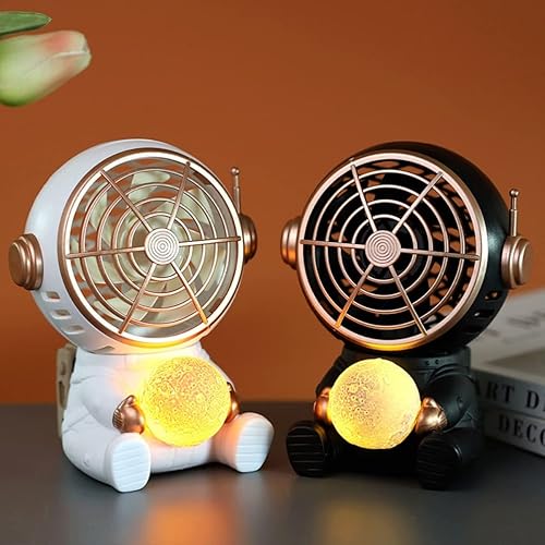 Miniatura 8 de Mini ventilador portátil de astronauta de dibujos animados, lindo ventilador de escritorio recargable con luz de bolsillo personal, luz nocturna