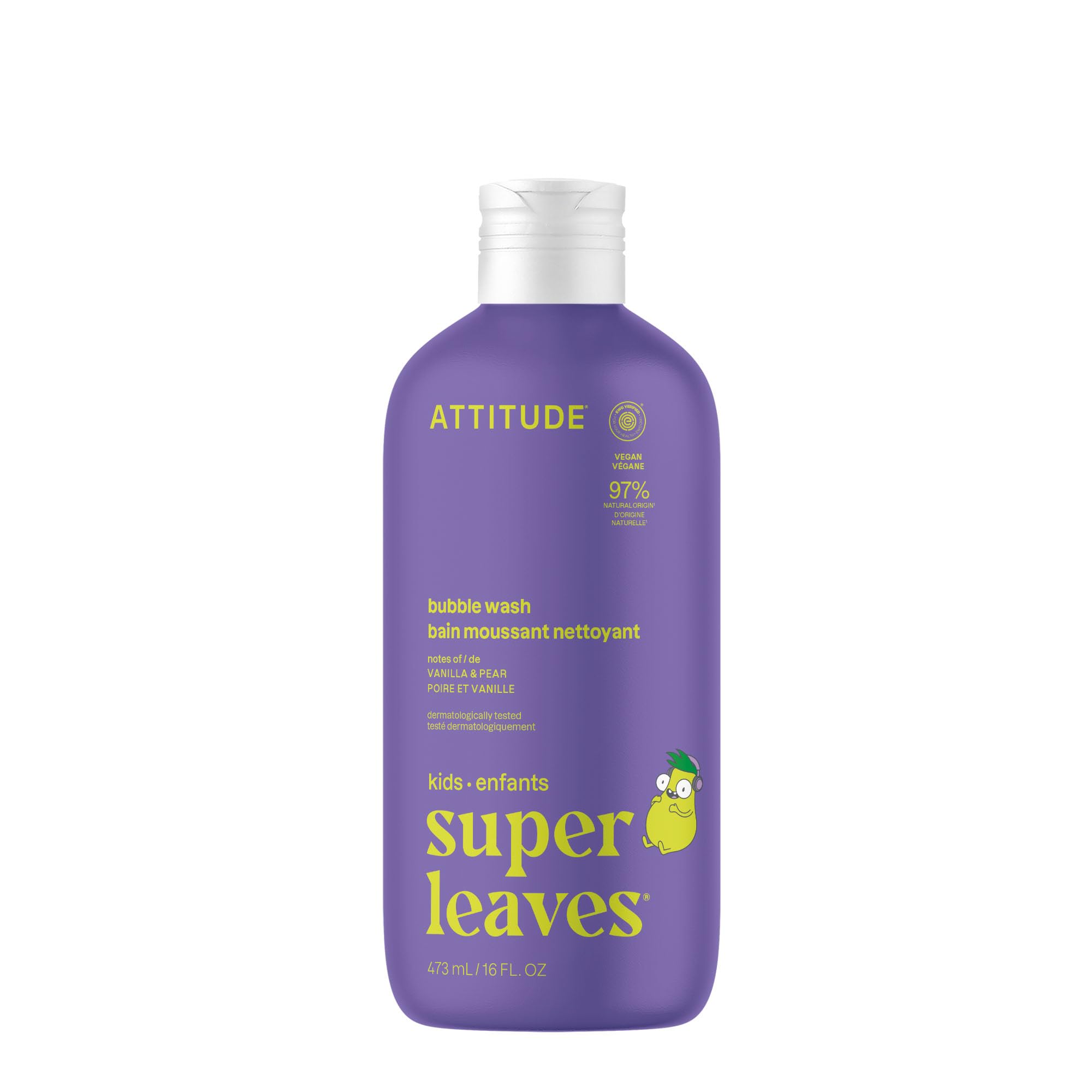 ATTITUDE Bubble Wash for Kids, Hair Shampoo and Body Soap, EWG Verified, Plant- and Mineral-Based, Vegan, Vanilla & Pear, 16 Fl Oz