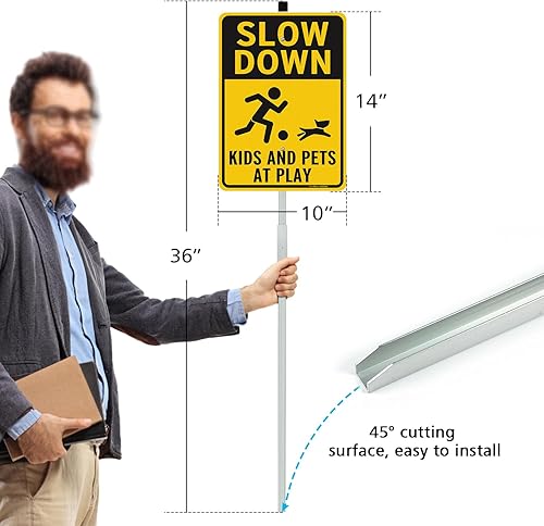 Miniatura 8 de Paquete de 2 letreros metálicos de Slow Down para niños y mascotas en juego con estacas en H, letreros reflectantes de aluminio de 14 pulgadas y 10