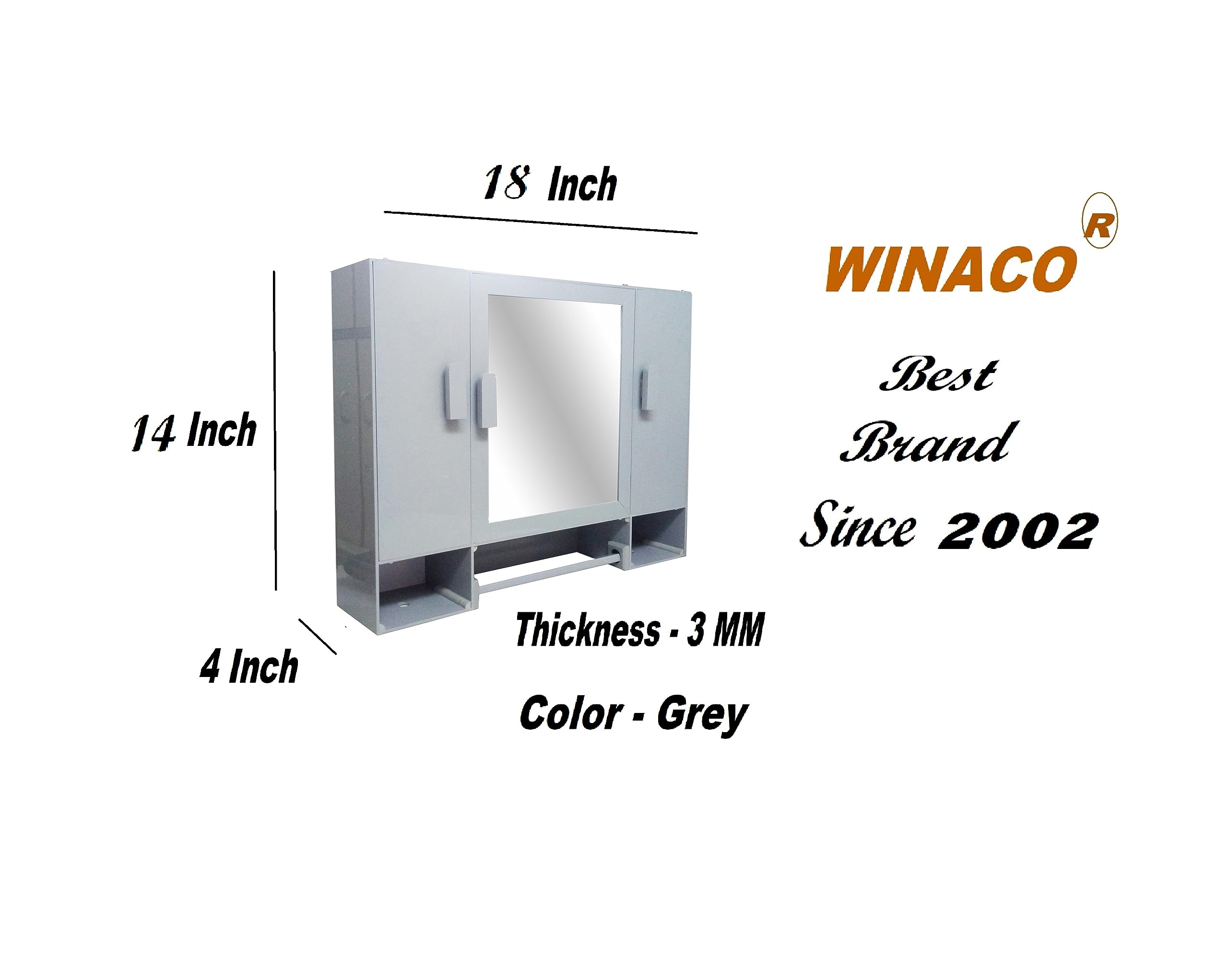 WINACO Monalisa Sapphire Grey Acrylic 3 MM Thickness (18" x 4" x 14" inch) Bathroom/Wash Basin/Wall Mount/Cosmetic/Groming kit Storage Mirror Cabinet/Storage Organizer/Make up Mirror 2