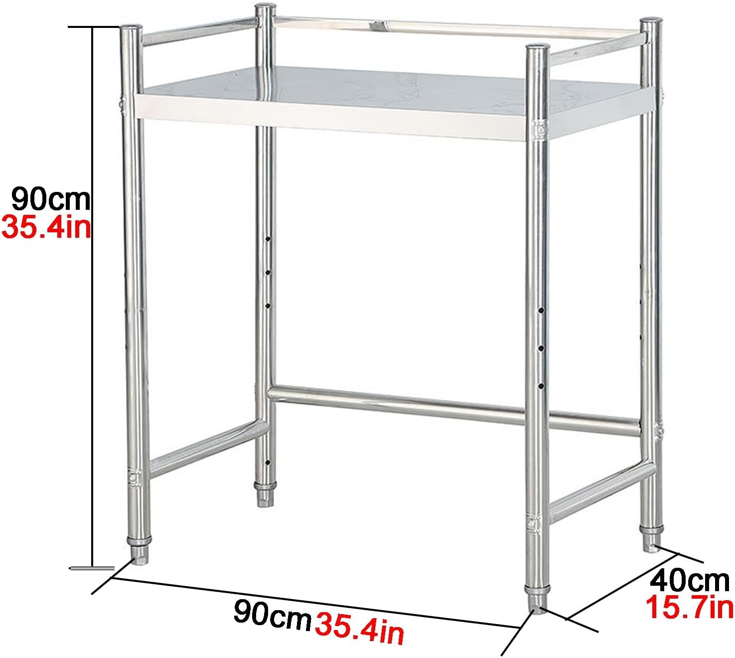Stainless Steel Workbench with Guardrail Height 90cm Reinforced Crossbeams Adjustable Legs Kitchen Work Table Brushed Finish Screw-Connected Triangular Supports Suitable for Hotels