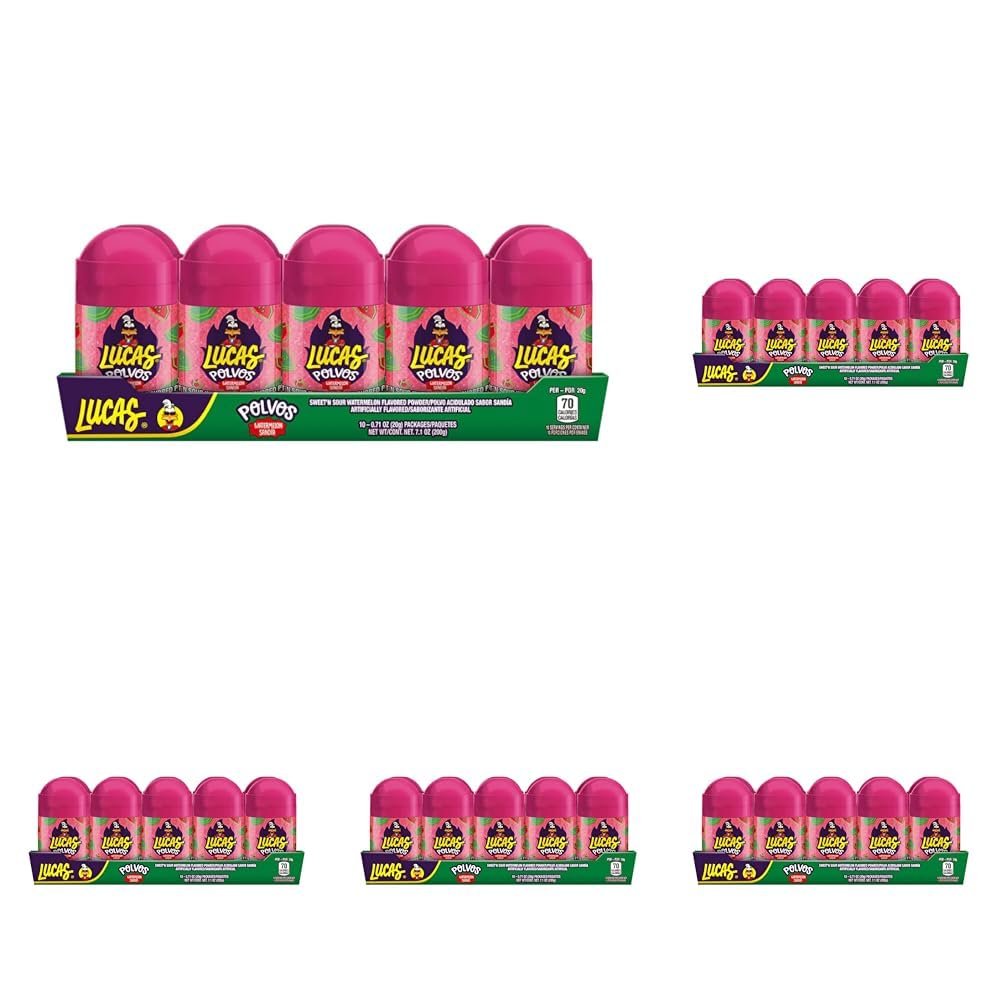 Lucas Powder Watermelon Flavored Candy, 0.71oz - 10 Pieces for Treats, Fruit, Parties, Piñatas (Pack of 5)