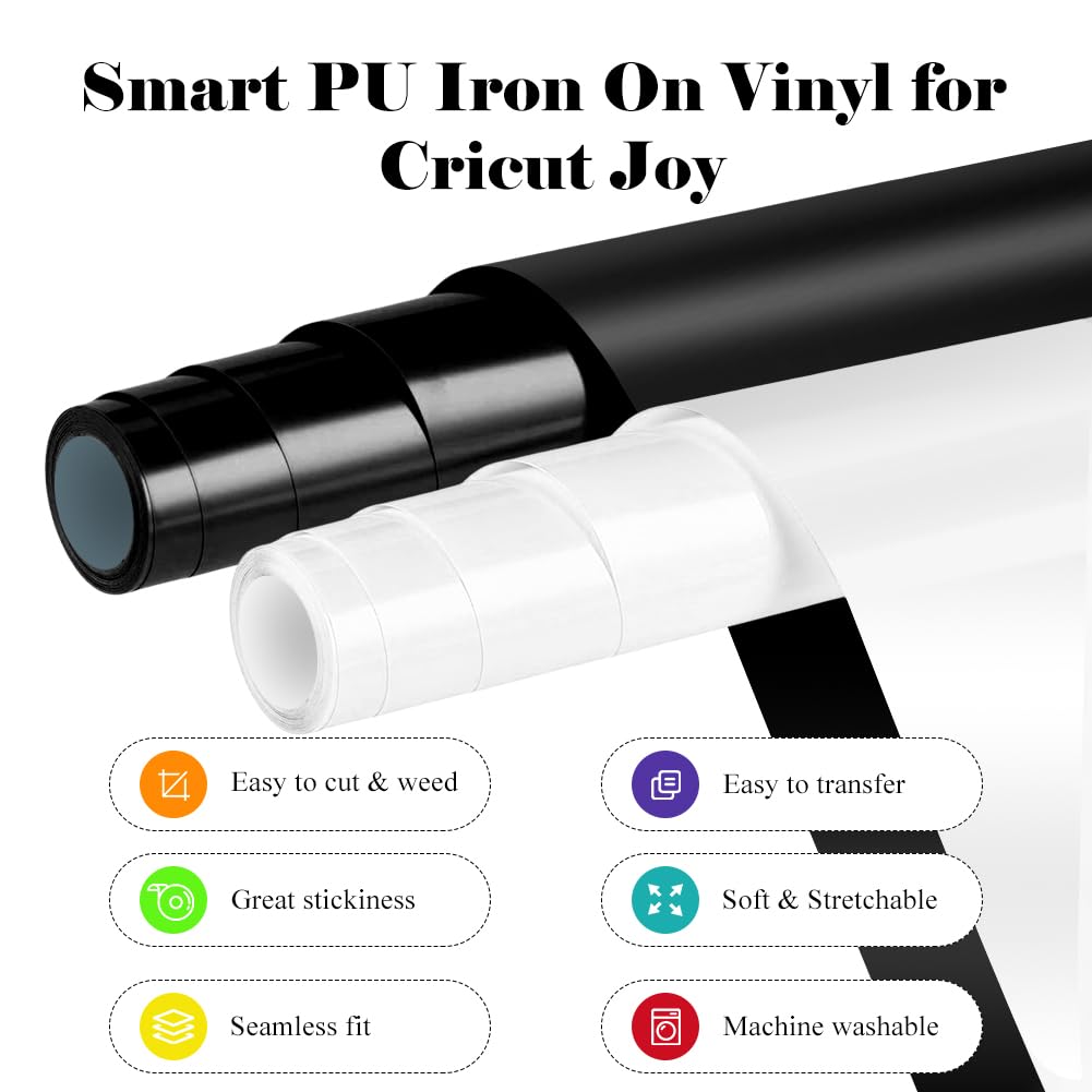 Smart Iron On per Cricut Joy, 2 rotoli di pellicola per plotter in tessuto bianco e nero 14 x 200 cm, pellicola flessibile per plotter in tessuto per stirare per T-shirt fai da te, felpe, stoffe