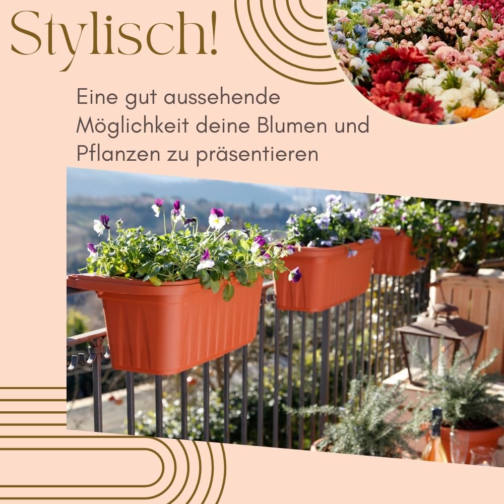 GarPet Blumenkasten Balkon Balkonkasten mit Halterung Pflanzkasten Balkonkasten mit Wasserspeicher Blumenkasten Balkongeländer Geländerkasten ohne Bohren Terracotta 80 cm
