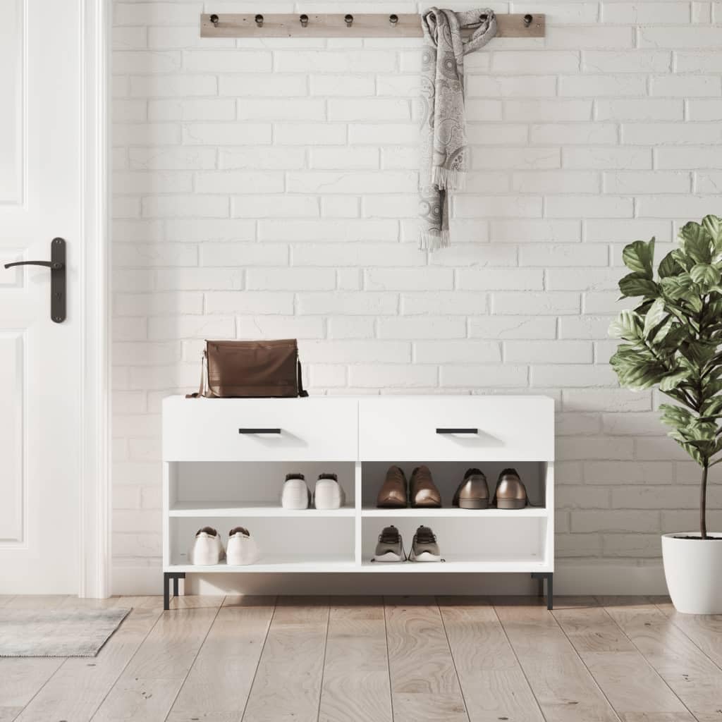 Banc à Chaussures Blanc 102x35x55 cm Bois Composite 2 Tiroirs 4 Étagères