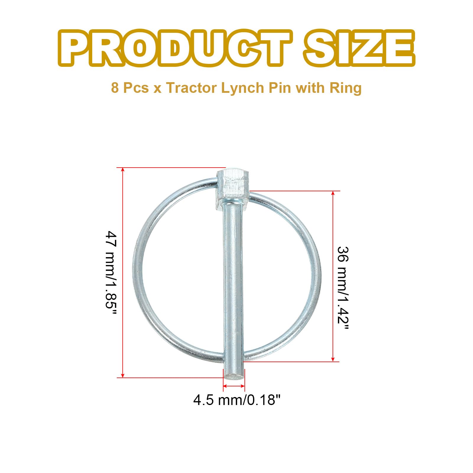 PATIKIL M4.5x36 mm Tractor Lynch Pin with Ring, 8 Pcs Heavy Duty Assortment Kit Lock Pin Clips for Tractors Trailer Farm Trucks Mowers, Silver Tone