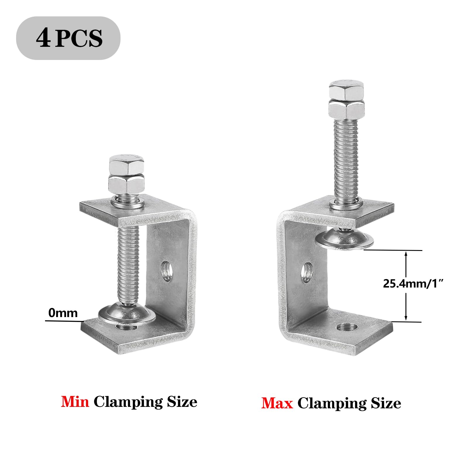 Hordolry 1.2 Inch 304 Stainless Steel C Clamp, 4 Pack Heavy Duty Metal Small Clamps with 26mm Wide Jaw Openings for Woodworking, Welding, Building Household