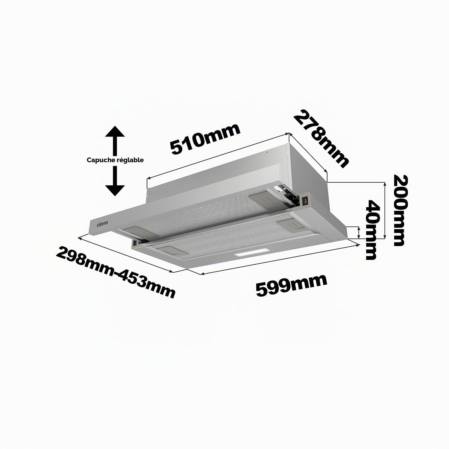 CIARRA CBCS6906D Hotte Tiroir Téléscopique 60cm 370m³/h Classe A++ Éclairage LED Argent