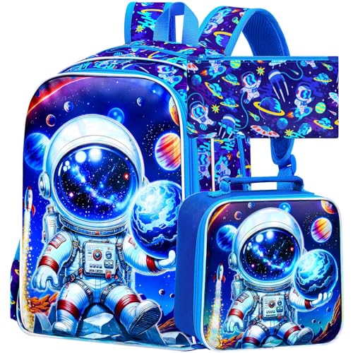 Image of 3Pcs Space Backpack for Boys, 16 inch Astronauts Bookbag with Lunch Box, Kids School Backpacks Set for Elementary Preschool Kindergarten (Blue)