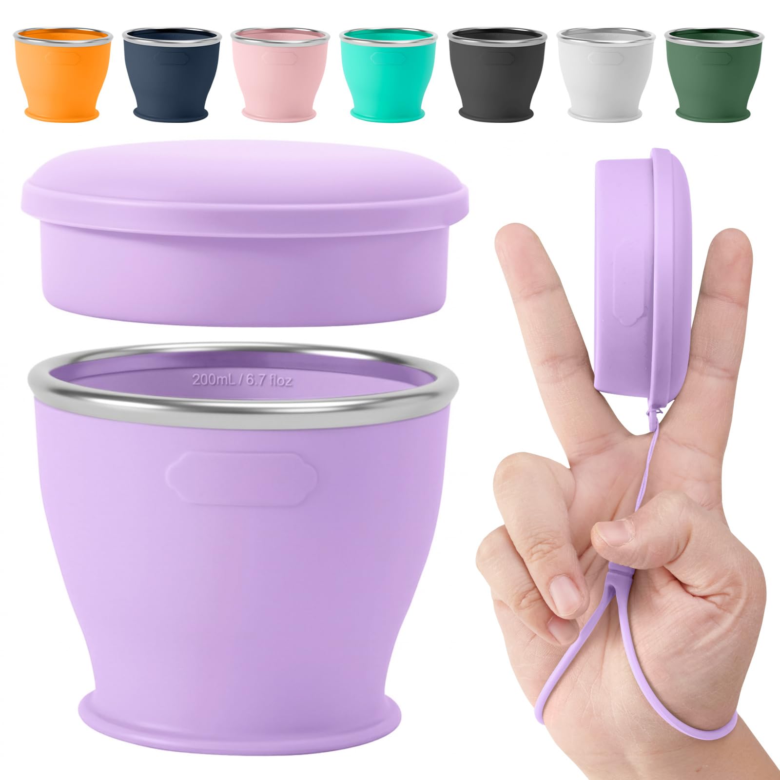 Sinyon Collapsible Travel Cup, BPA-Free Reusable Water Cup, Lightweight Drinking Cups with Lids and Carrying Strap, Dishwasher Safe Silicone Cups for Camping, Travel, Airports, Hotel (6.7oz, Lilac)