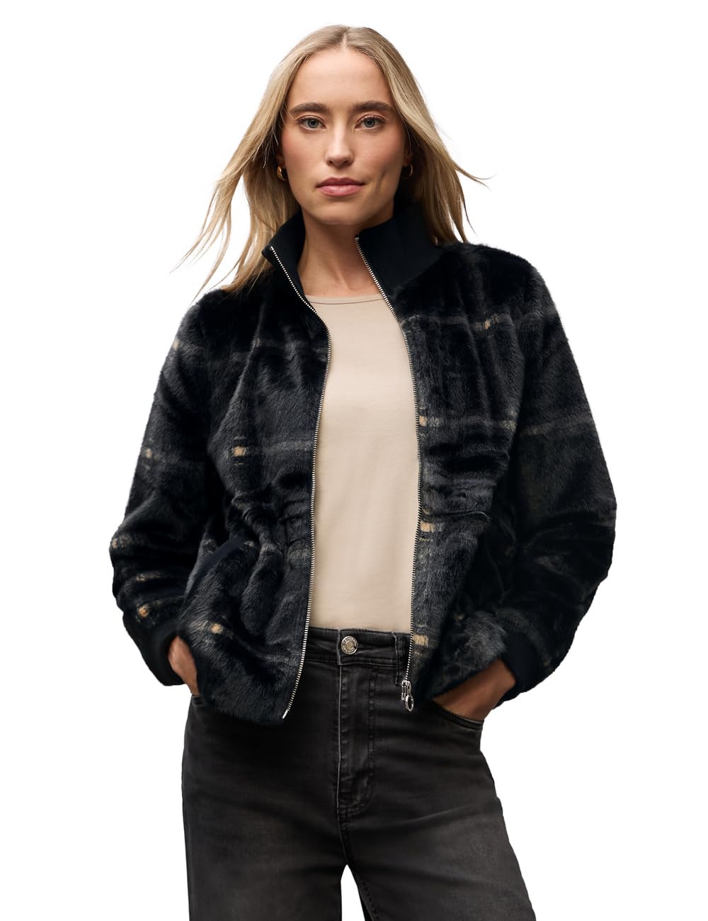 Street One Damen Karierte Fake Fur Jacke