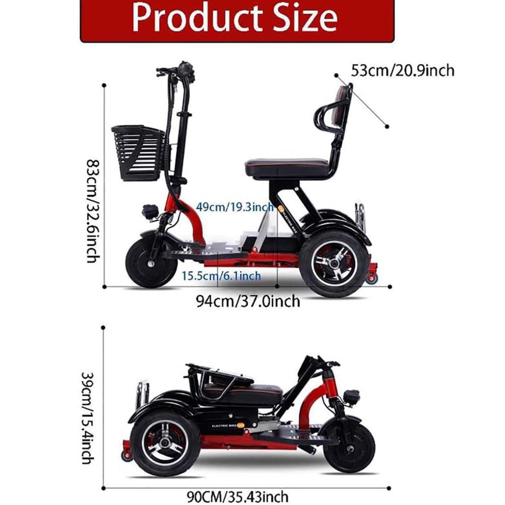 Scooter de movilidad plegable,Scooter electrico discapacitados Es muy adecuado para personas discapacitadas y personas mayores,Equipado con batería de 20 Ah Mayores Fácil de operar(Rojo)