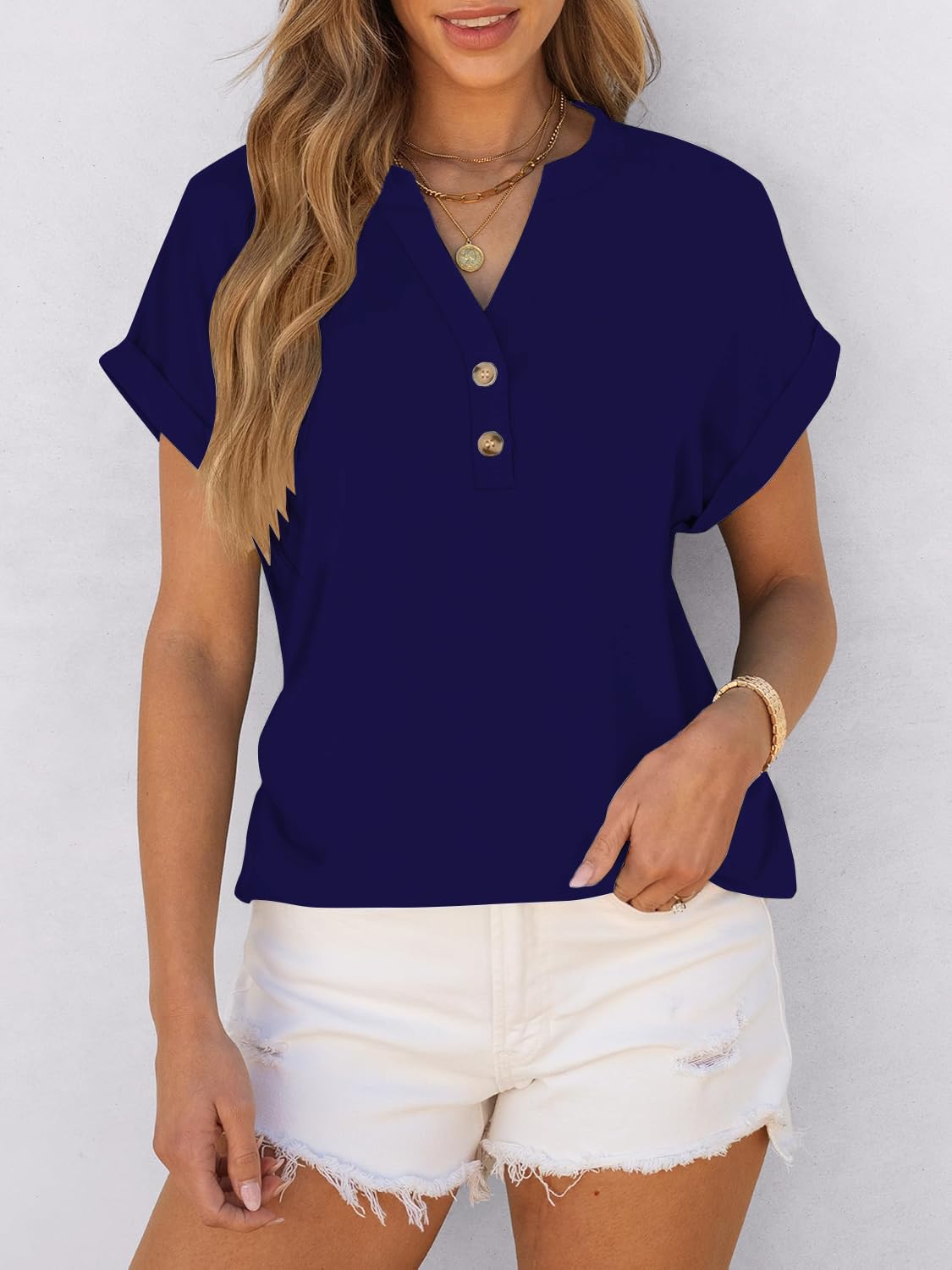 Cuptacc T-shirty Damska V-Wycięcie Oversize Koszula Damska Lato Krótki Rękaw Elegancka Z Listwa Guzikowa Top