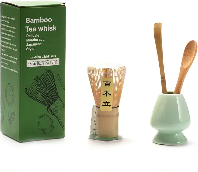 4PCS Matcha Whisk Set with Ceramic Holder, Scoop & Spoon for Authentic Tea