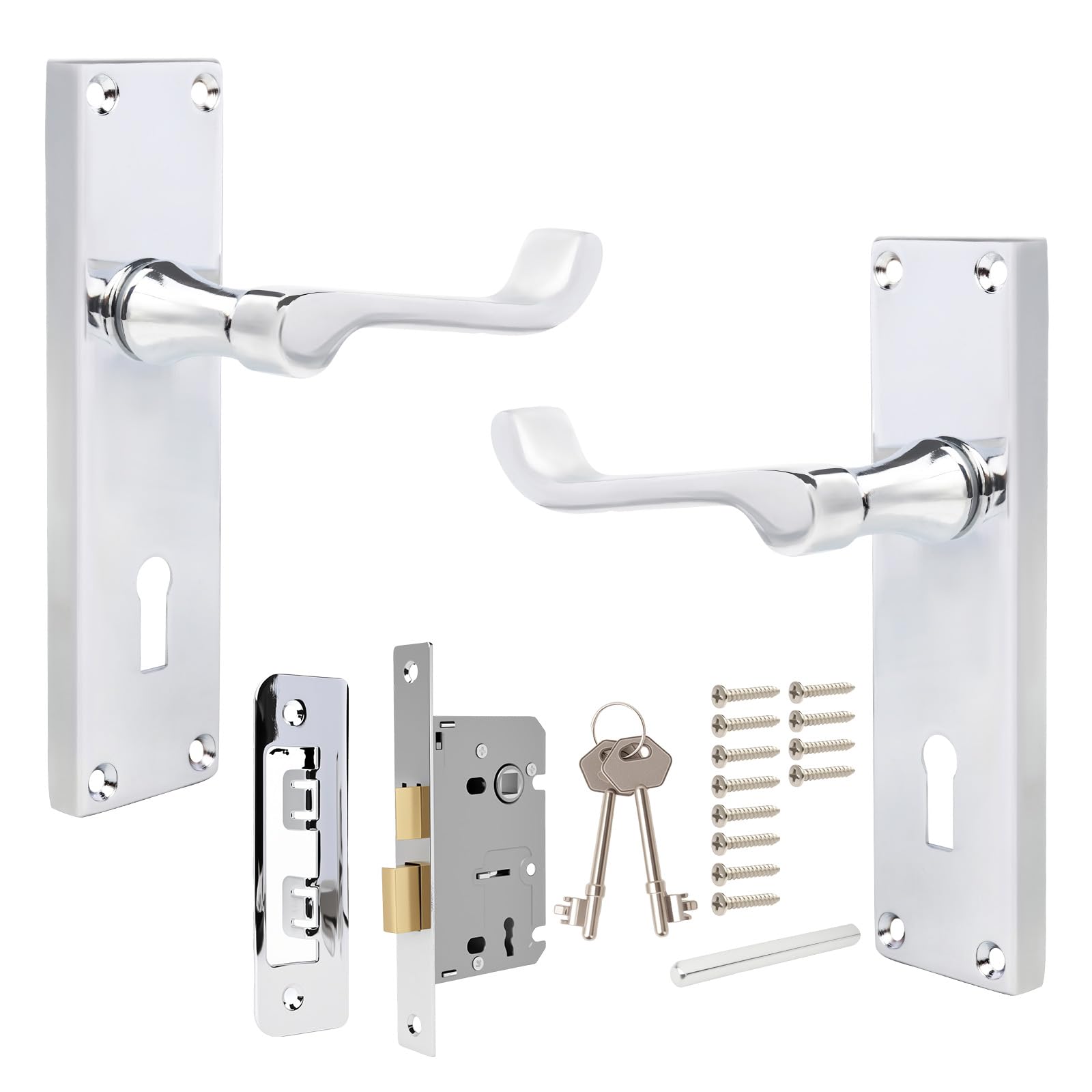 HARDHAWK Silver Door Handle Set with Lock and 2 Keys, Internal Bedroom Bathroom Sashlock, Modern Chrome Finish Lever on Backplate Handles for Interior, Cabinet(3 Pack)
