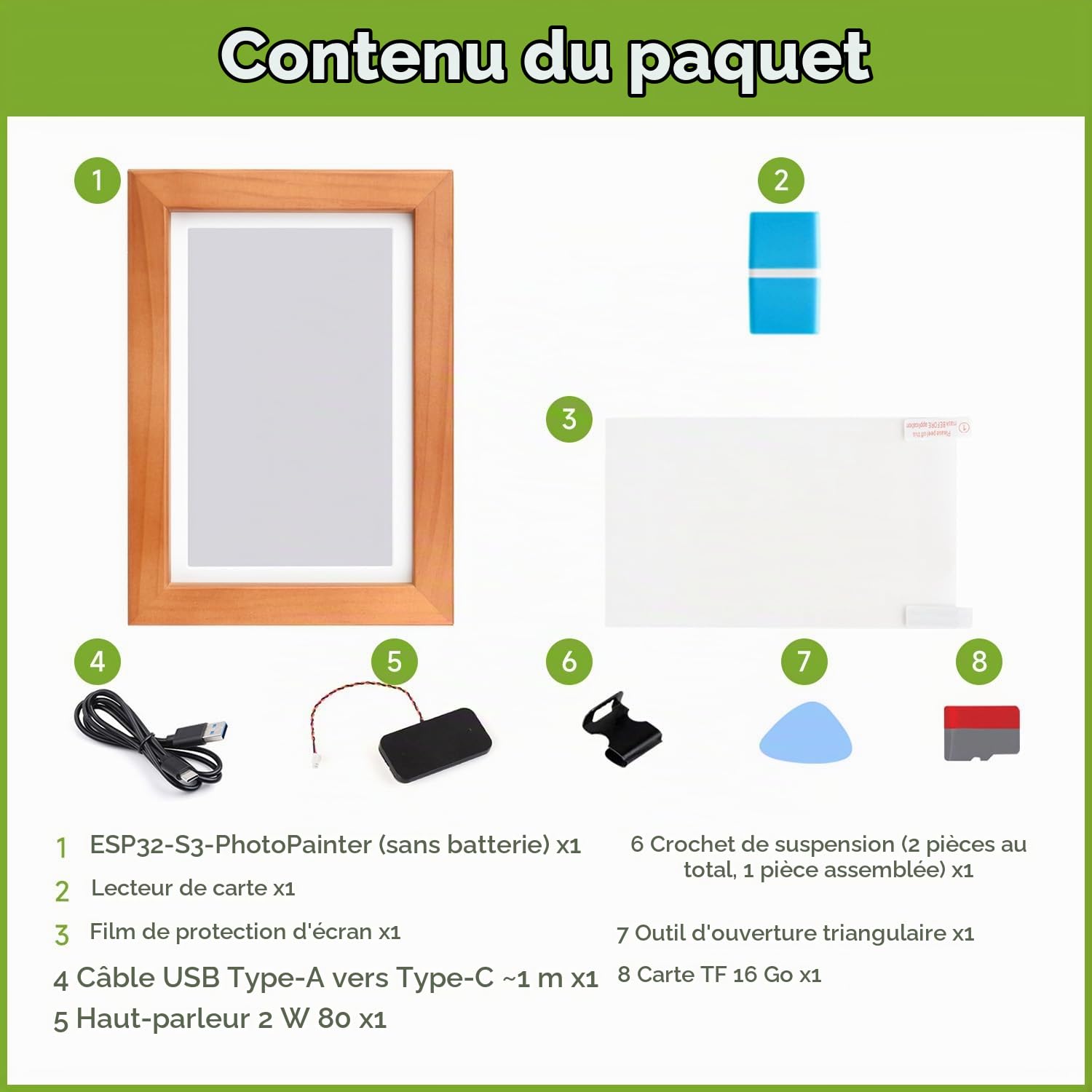 Waveshare ESP32-S3-PhotoPainter 7.3inch E6 Full Color E-Paper Display with Solid Wood Photo Frame, Ultra-Long Standby, 800 × 480 Resolution, No Bat