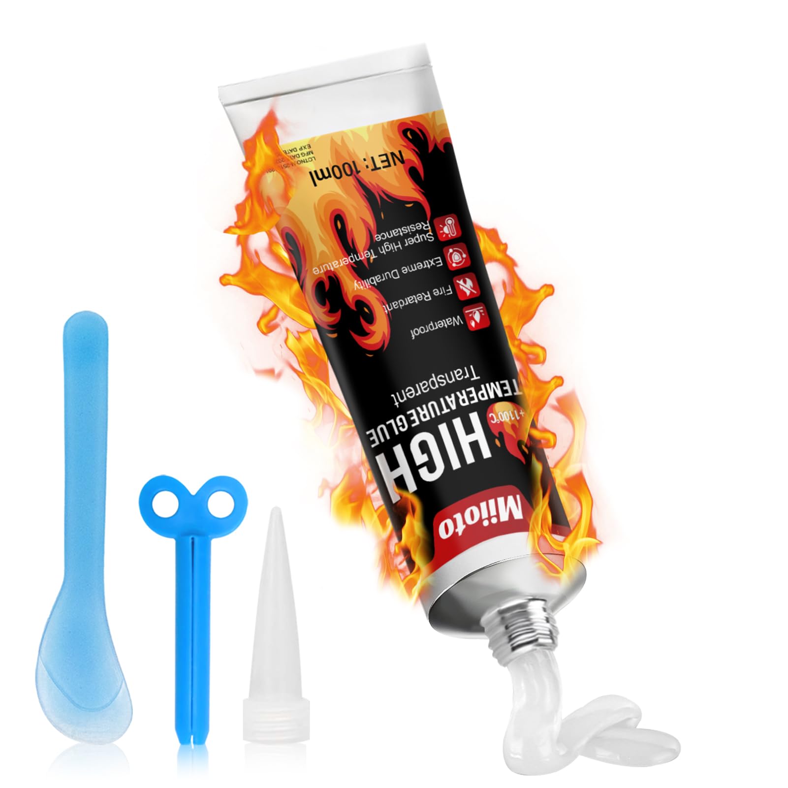 Miioto Silicone Alte Temperature, Colla Alte Temperature, Silicone Alta Temperatura, Indurimento Rapido, Adesivo Resistente al Calore per Caminetti, Stufe, Scudi Termici, 100 ml