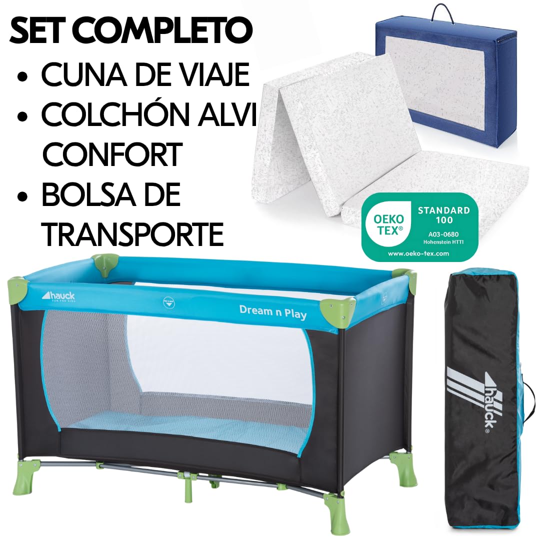 hauck Dream N Play Set de Cuna de Viaje Bebe con Colchón Alvi Confort 120x60 cm - Parque Infantil Plegable y Portátil con Bolsa de Transporte - Montaje Fácil – Azul