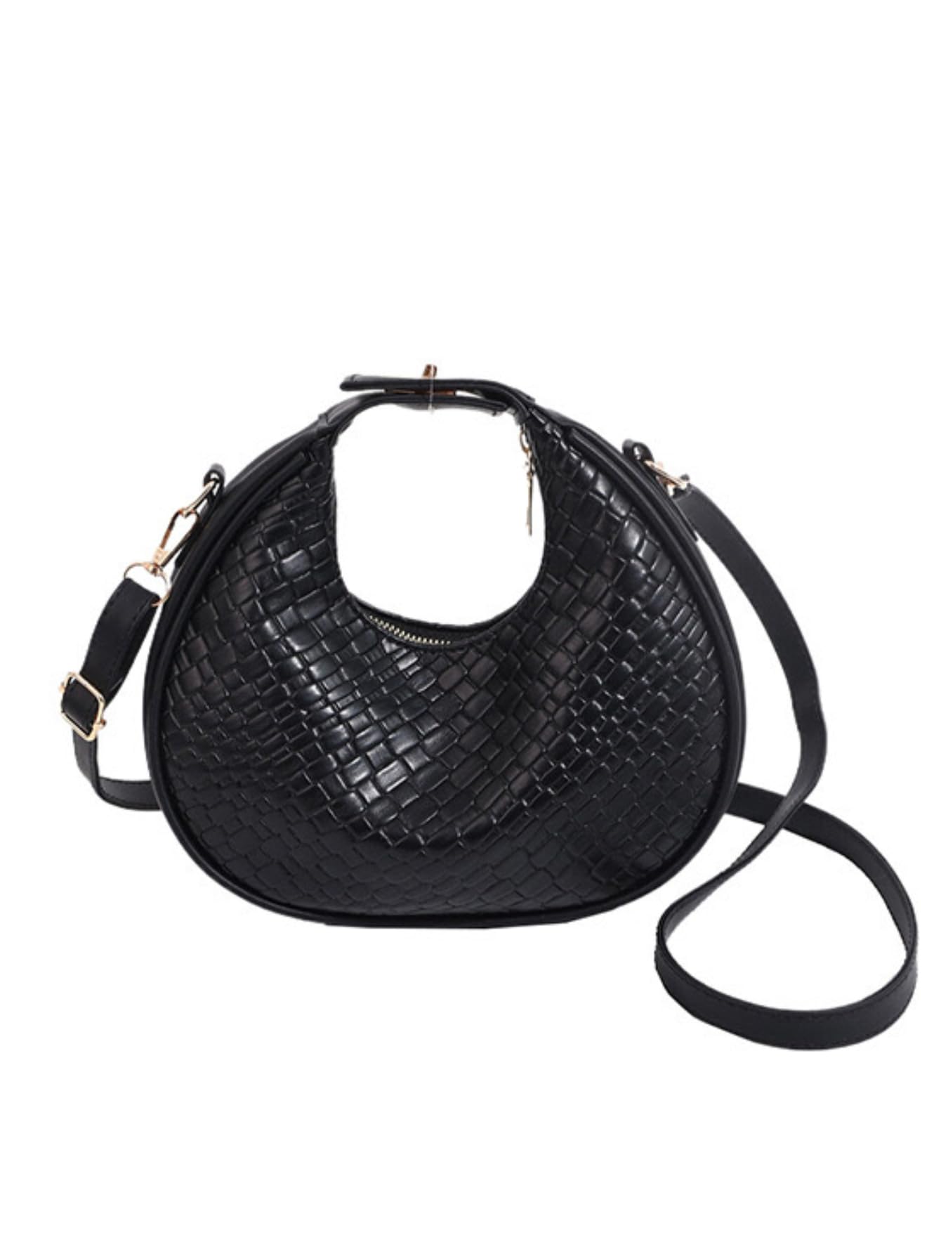 Floerns Women's Crossbody Bag Leather Weave Small Handbag Retro Crescent Bag Black One-Size