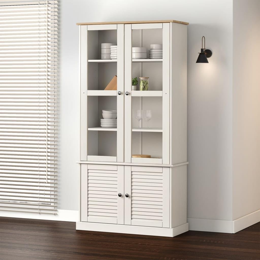 Vitrina VIGO Blanco 85 x 35 x 170 cm de madera maciza de pino con puertas de cristal y botones de metal, armario de vitrina con estantes para tazas y artículos decorativos