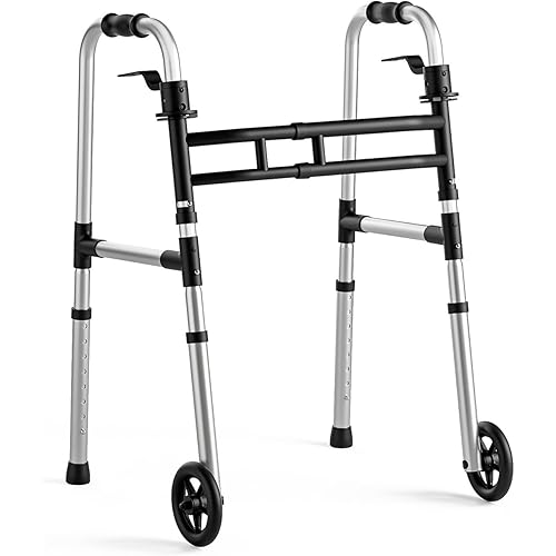 Walkers for Seniors Foldable, Aluminum Lightweight Walker with Wheels, Adjustable Height & Width Standard Walkers for Elderly & Disabled, 350 lbs Capacity, Silver