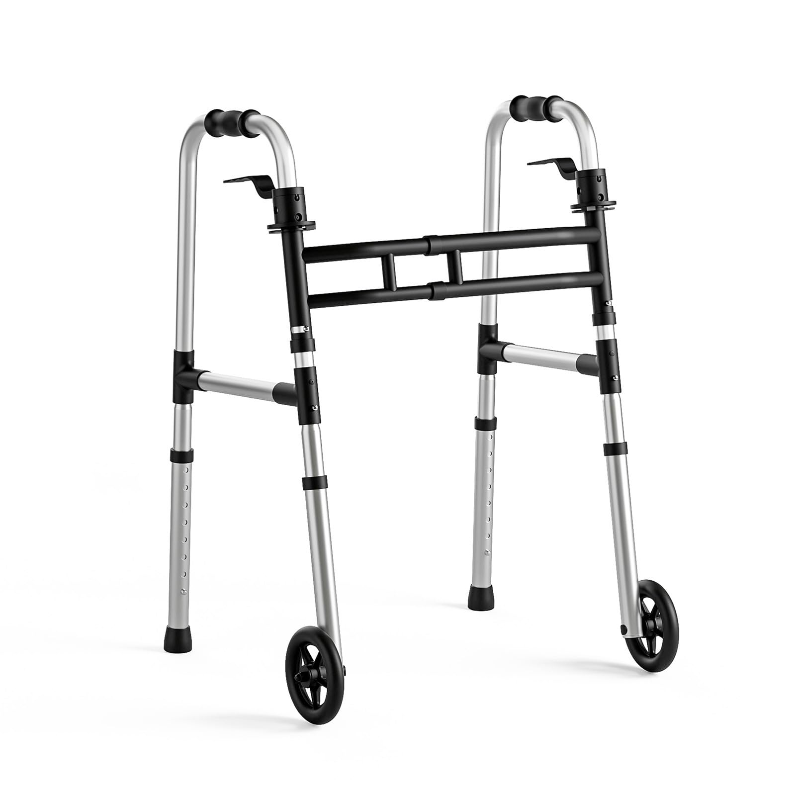 Loyoda Walkers for Seniors Foldable, Aluminum Lightweight Walker with Wheels, Adjustable Height &amp; Width Standard Walkers for Elderly &amp; Disabled, 350 lbs Capacity, Silver