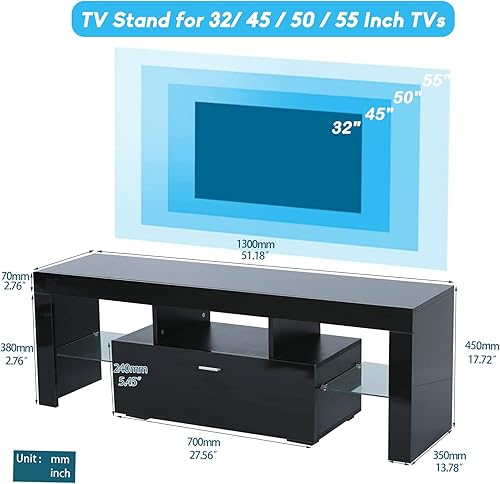 Miniatura 3 de Moderno soporte de TV negro con 16 luces LED, centro de entretenimiento de alto brillo para televisores de hasta 55 pulgadas, consola de