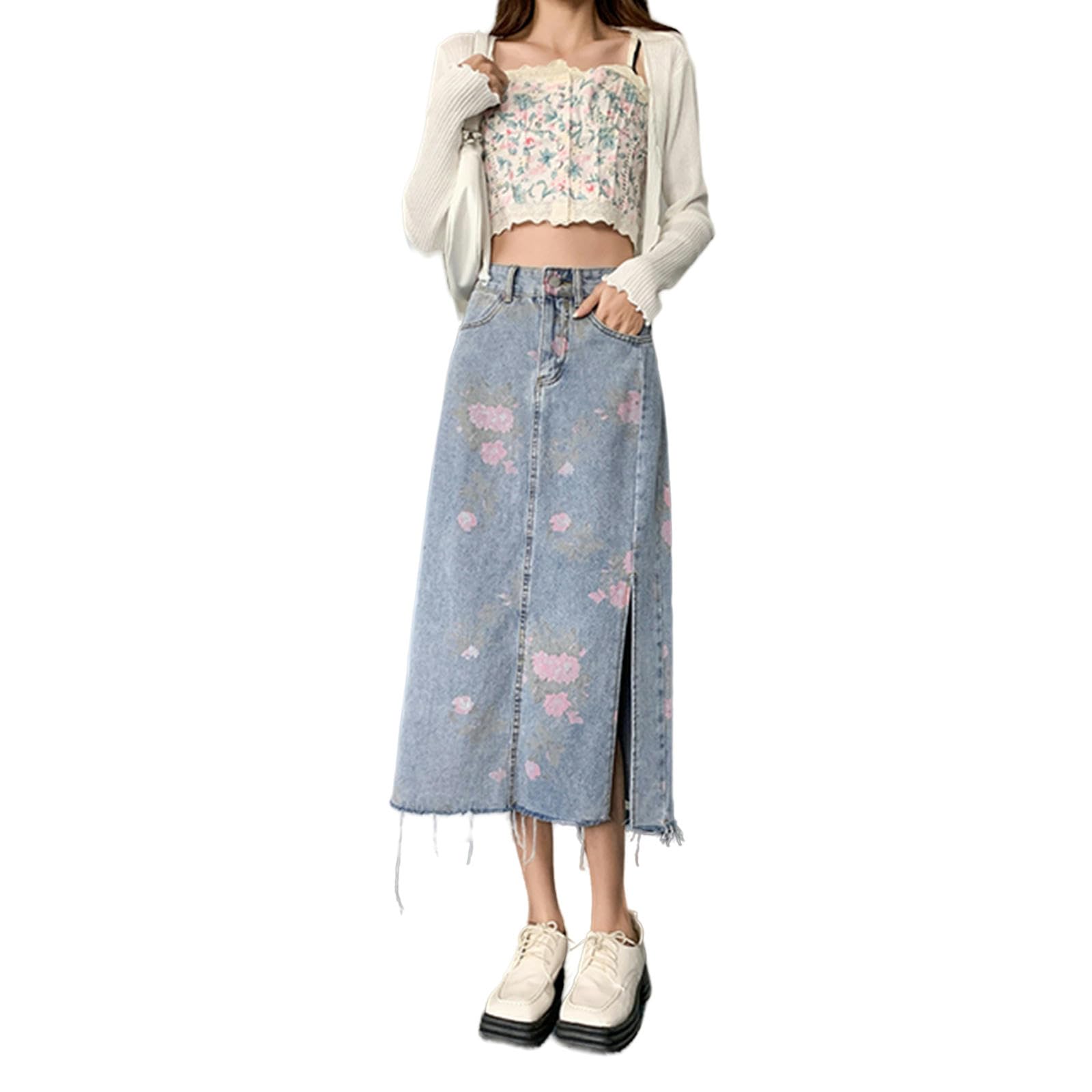 TEidea Falda Larga Mujer Faldas para Mujeres De Cintura con Estampado De Rosa, Falda De Falda De Mezclilla De Mezclilla De Mezclilla De Mezclilla