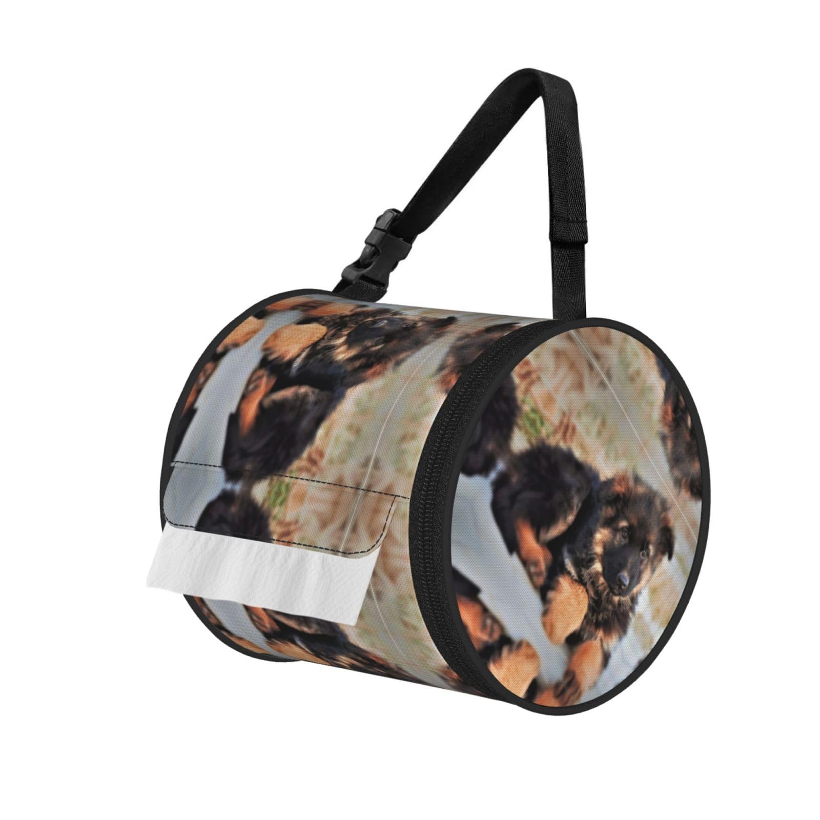 Jiuty Black Cute German Shepherd Puppy Print Cylinder Tissue Organizer Bag With Strap, Portable Toilet Roll Holder For Camping Car