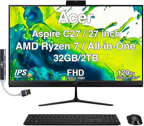 acer Desktop Aspire 27 All-in-One, display IPS FHD da 27 pollici, AMD Ryzen 7 5825U (serie Ryzen 7 5000), DDR4 da 32 GB, SSD da 2 TB, Wi-Fi 6E, webcam, Bluetooth 5.3, Windows 11 Pro, con espansore
