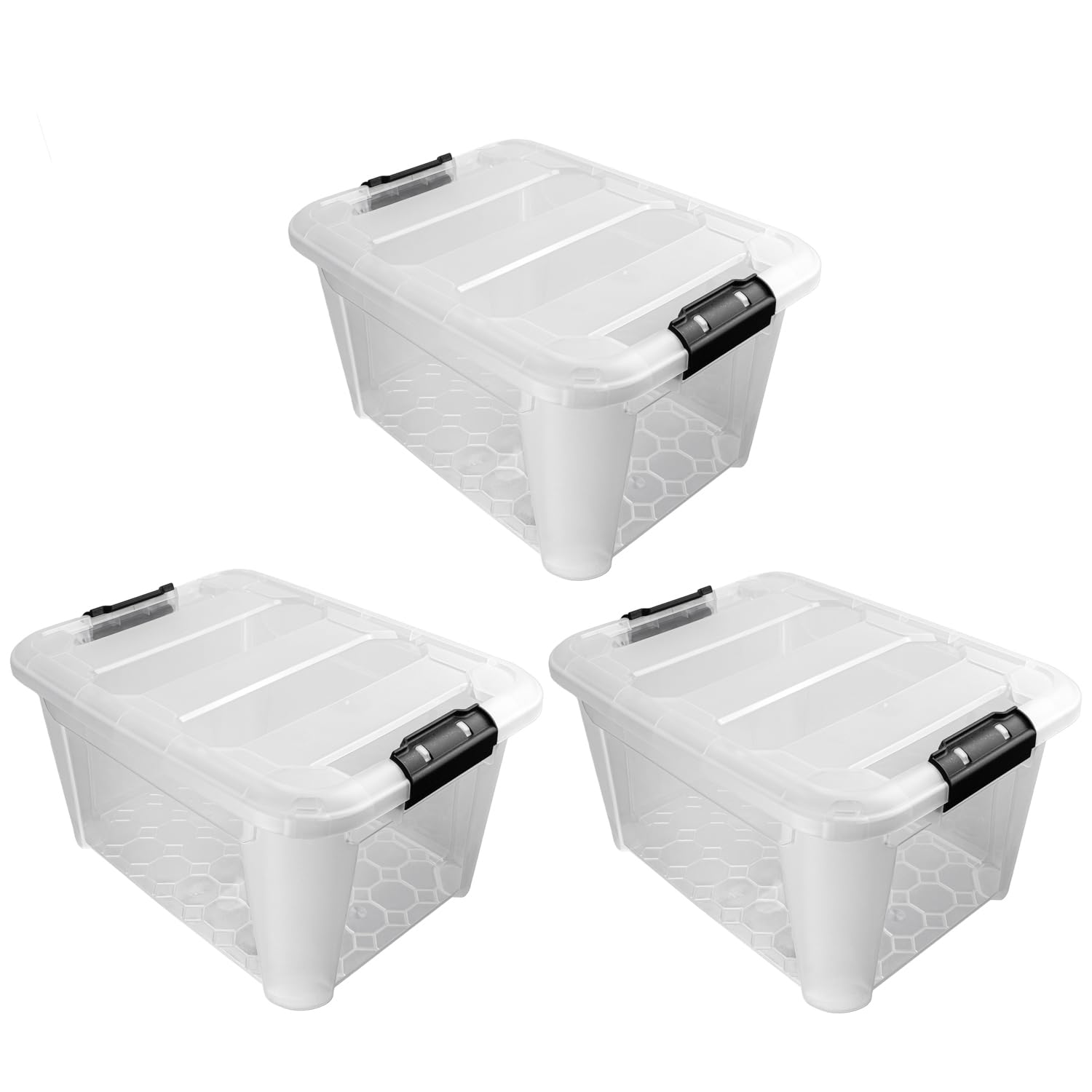 JVL Plastic Secure Clip Lidded Storage Box, Stackable & Nestable, Clear, Set of 3, 30L