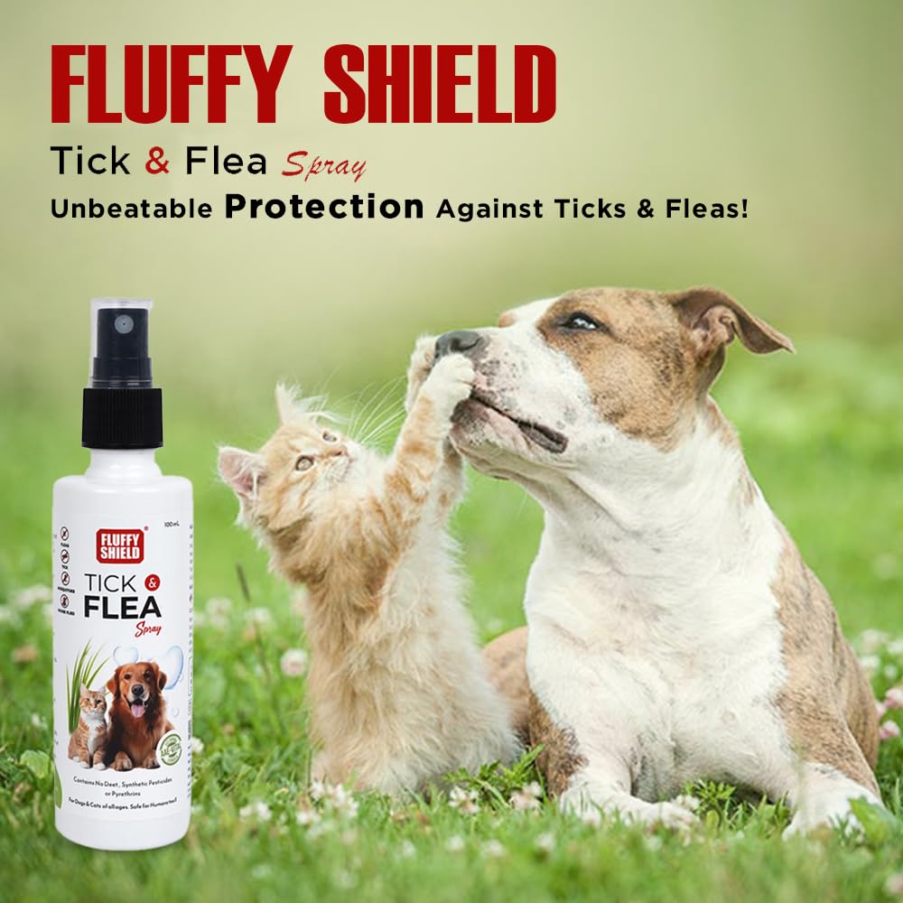 FluffyShield Tick & Flea Leave-On Spray for Dogs & Cats | IR 3535 Formula | Protects Against Ticks, Fleas, Mosquitoes & House Flies | 100ml. 1