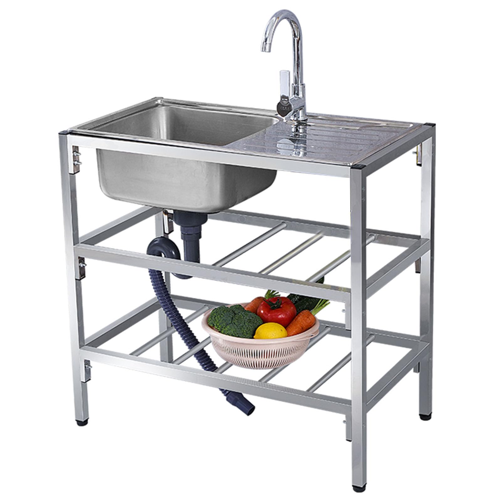 ZQFHSX Outdoor Sink Single Bowl, Freestanding Stainless Steel Utility Sink, Commercial Kitchen with Hot and Cold Tap, for Indoor, Laundry, Backyard, Restaurant (75×40×76cm)