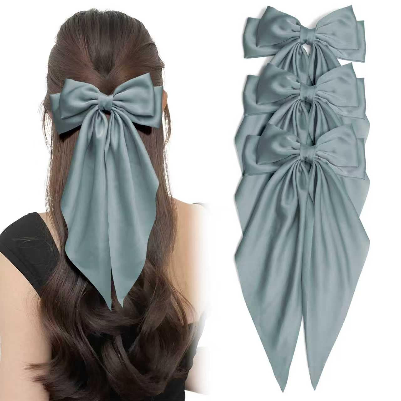 3PCS Sage Green Hair Bows for Women Oversized Long Tail Bow Hair Clips Satin Ribbon Bow Hair Daily Barrettes Ponytail Holder Vintage Parties Prom Hair