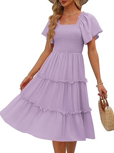 LILLUSORY Women's Summer Casual Flutter Sleeve Square Neck Smocked Midi