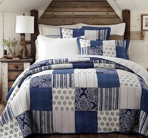 DaDa Bedding Boho Chic Floral Patchwork Quilt Set - 100% Cotton, Blue Navy & Ivory - Twin Size 2 Pieces