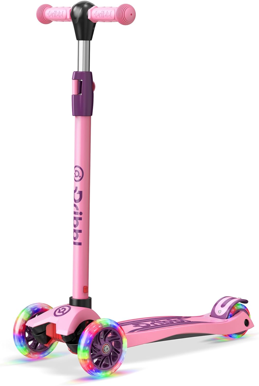 Dribbl 3-Wheel Kids Scooter - Lean-to-Steer Technology, Adjustable Height Handlebar, Wide Deck, Scooter for Boys & Girls Ages 3+, Child Safety Approved, Support Riders Up to 165 lbs, Purple and Pink Purple & Pink
