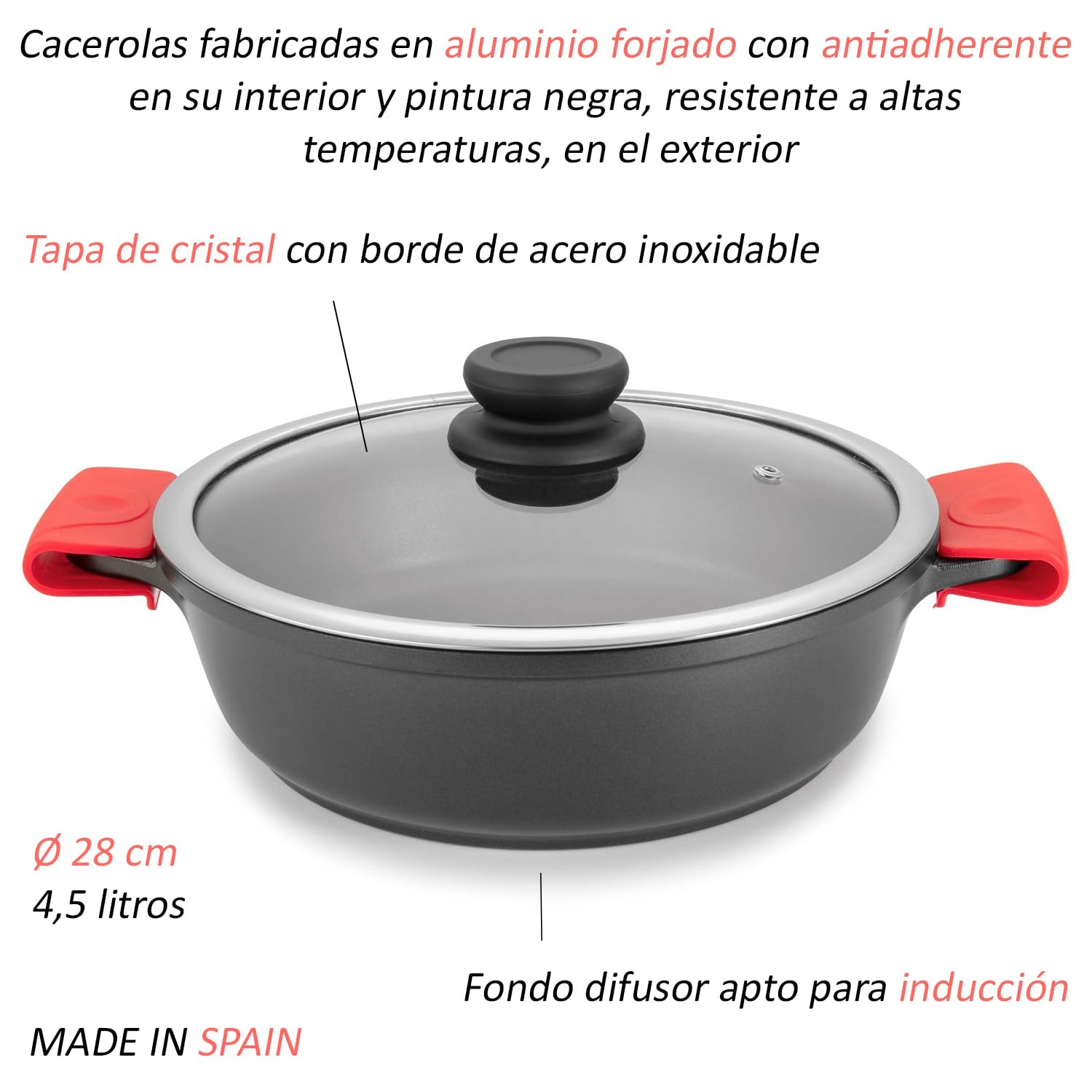 MBH - Casserole basse professionnelle en aluminium forgé Ø 28 cm antiadhésive avec couvercle en verre et poignées en silicone, convient pour cuisinières à induction.