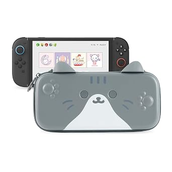 GeekShare Carrying Case Compatible with Switch 2 2025 7.9 Inch, Hard-Shell Slim Travel Case with 12 Game Card Slots for Switch 2 Console and Accessories, Gray Cat Ear