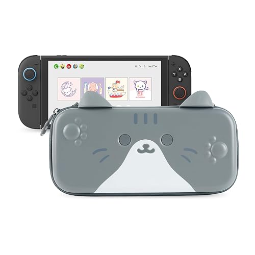 GeekShare Carrying Case Compatible with Switch 2 (2025) 7.9 Inch, Hard-Shell Slim Travel Case with 12 Game Card Slots for Switch 2 Console and Accessories, Gray Cat Ear - Grey