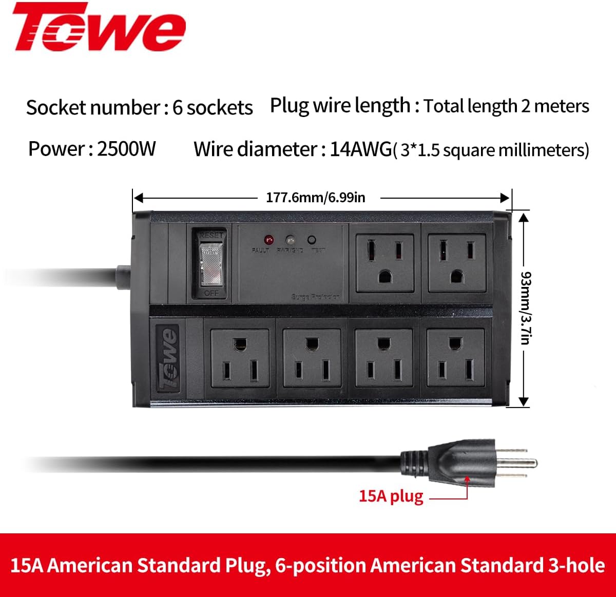 Heavy Duty Power Strip Surge Protector, 2500W Metal Socket Wall Mount 6 Outlets,6FT Extension Cord Industrial Shop Garage Metal Multiple Outlets,ETL Certified (Master Switch, 6 Outlets)