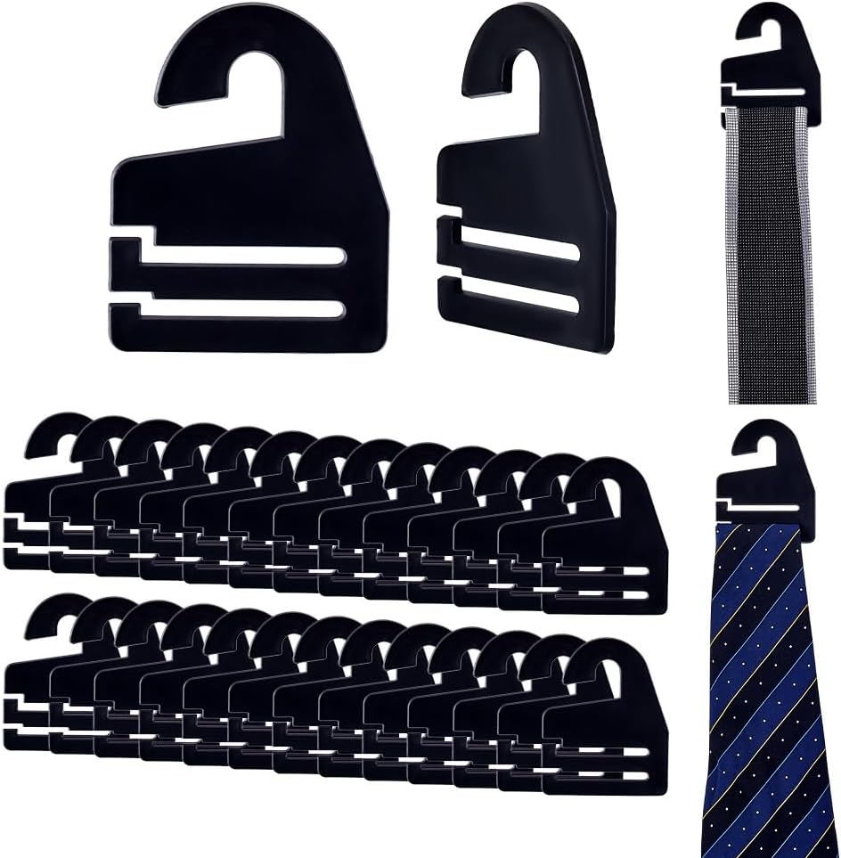 AHANDMAKER 30Pcs Black Tie Hanger, Necktie Holder Organizer for Retail Display Closet Storage Space Saving Plastic Neck Tie Hook Hangers for Men Women Ties Belts Scarves, 2.1x2.6 Inches