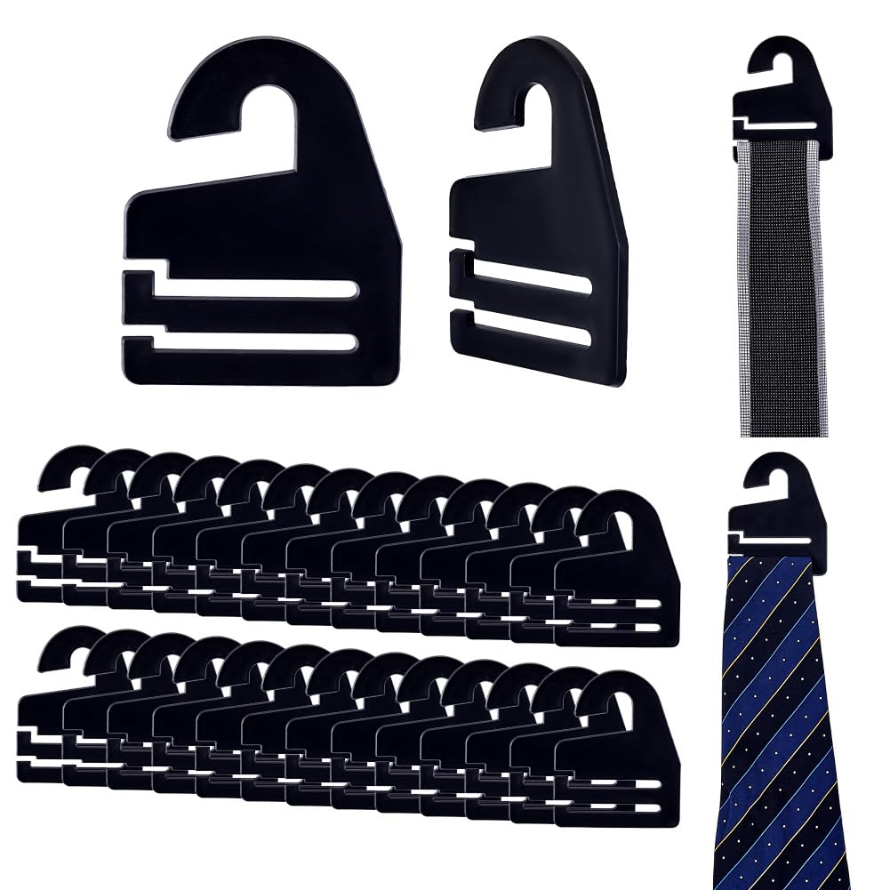 AHANDMAKER 30Pcs Black Tie Hanger, Necktie Holder Organizer for Retail Display Closet Storage Space Saving Plastic Neck Tie Hook Hangers for Men Women Ties Belts Scarves, 2.1x2.6 Inches