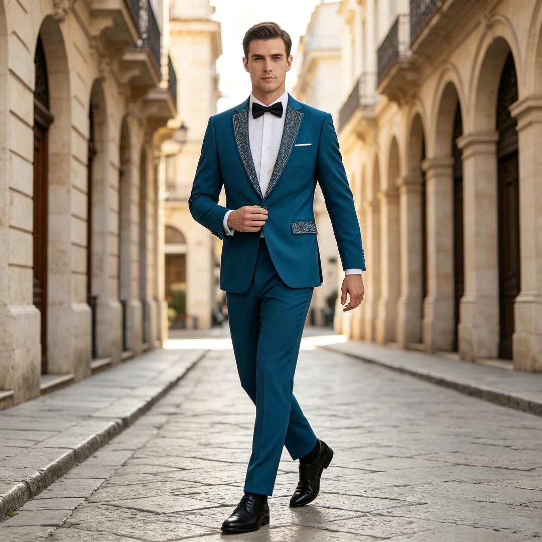 Uomo Strass Risvolto Smoking Giacca & Pantaloni 2 Pezzi Abito Set Slim Fit Elegante Matrimonio Festa Cerimonia Blazer Pantaloni