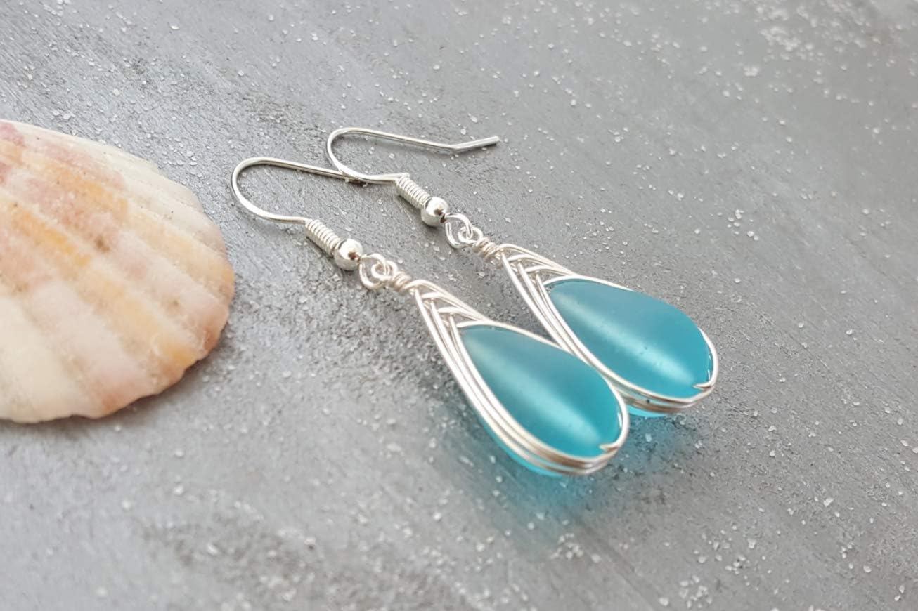 Yinahawaii Handmade Sea Glass Earrings, Braided Blue Teardrop Earrings, Beach Glass Jewelry, Hawaiian Gift, For Women Birthday