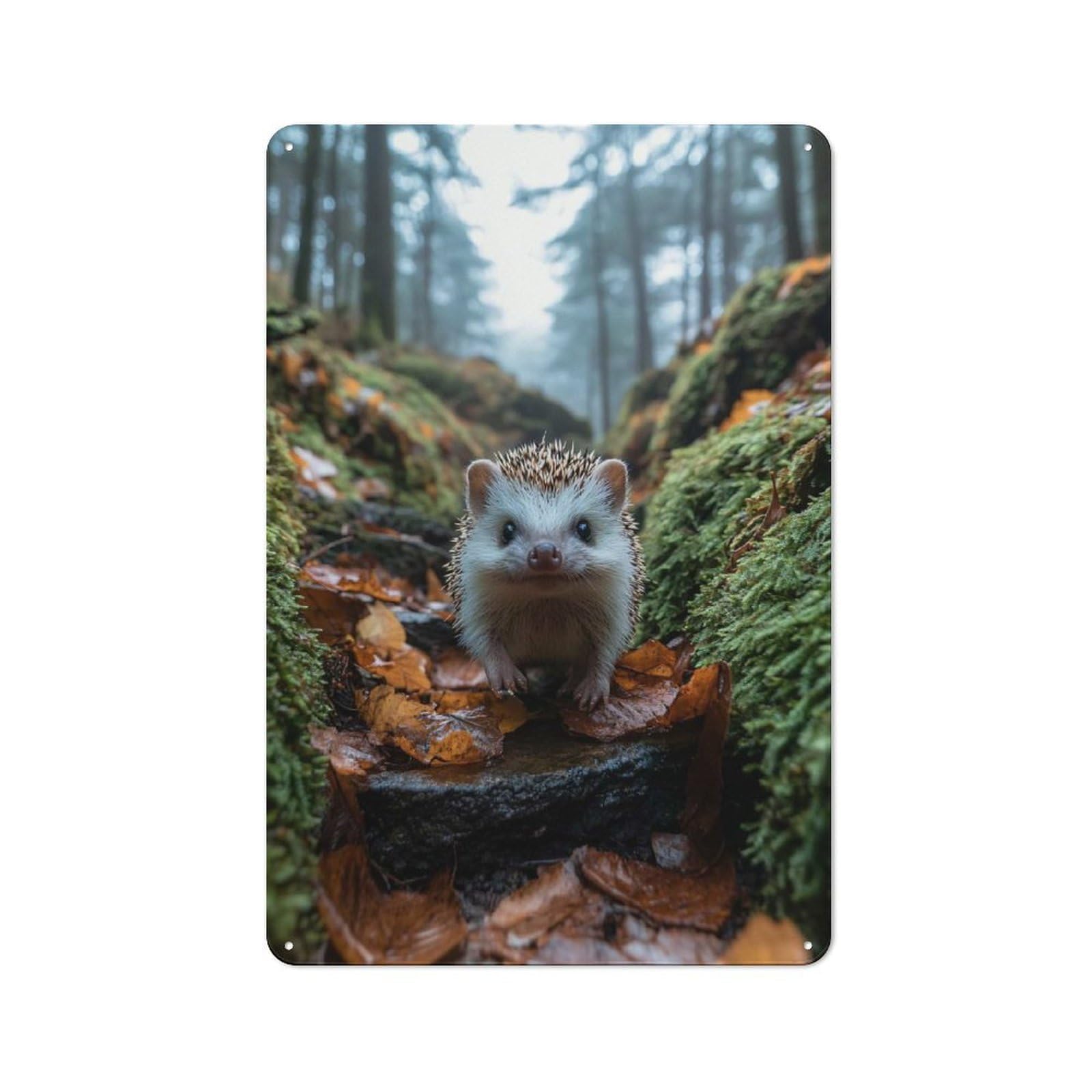Junmoney Style-2 Vintage Metal Plaque 30X20cm Featuring Hedgehog In Misty Forest For Hallway Wall, For Wall Display Collectors